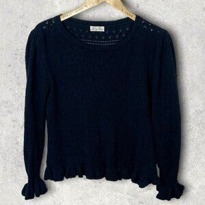 LOVESHACKFANCY Alpaca Boho Wool Blue‎ Sweater Puff Sleeve Ruffle Trim Size Large